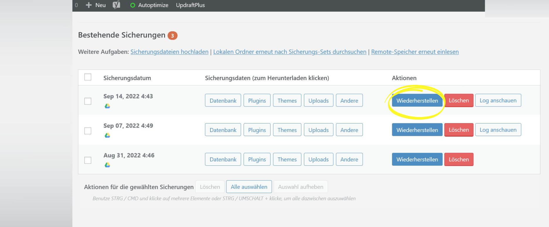 Screenshot: WordPress Backup wiederherstellen mit UpdraftPlus
