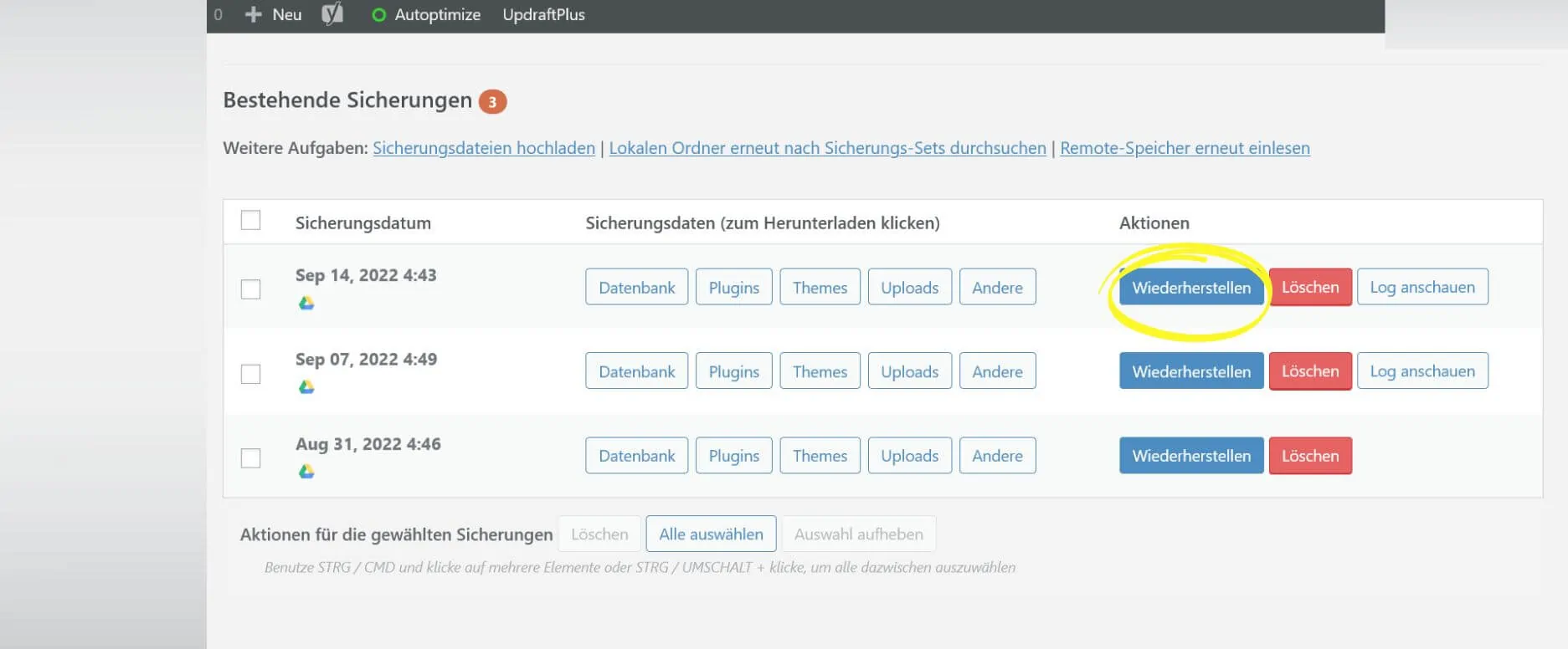 Screenshot: WordPress Backup wiederherstellen mit UpdraftPlus