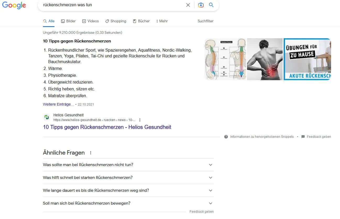 Eine Suchergebnisseite bei Google mit Featured Snippets