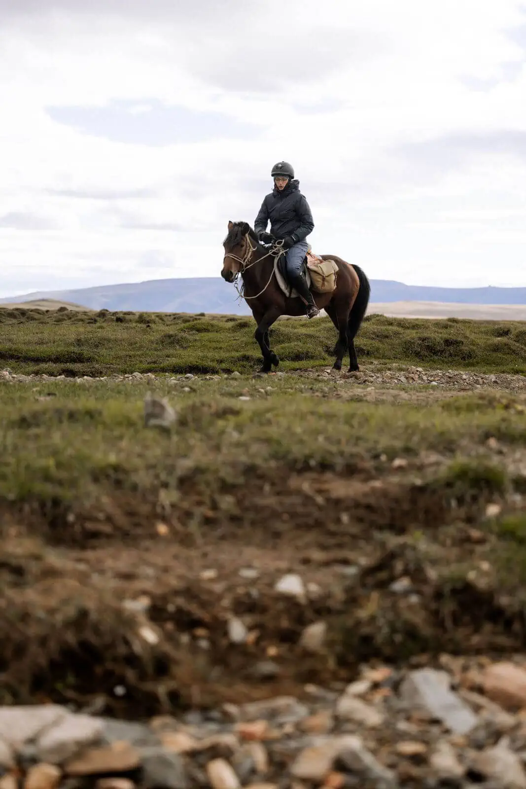 Jane in der Mongolei auf einem braunen Pferd