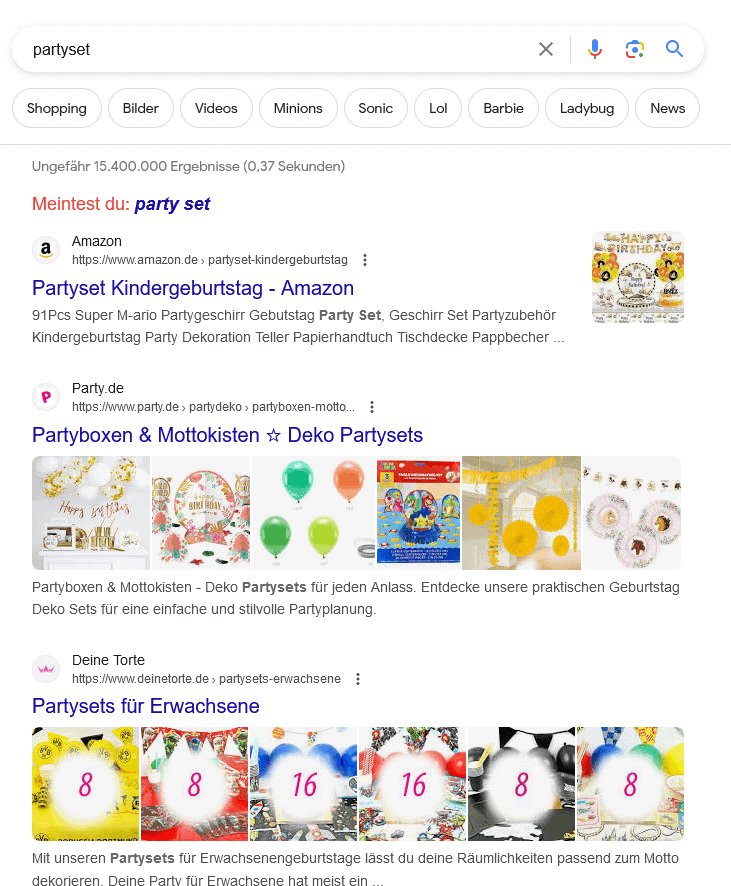 Beispiel für unterschiedliche Suchintentionen: Ergebnisse für Partyset