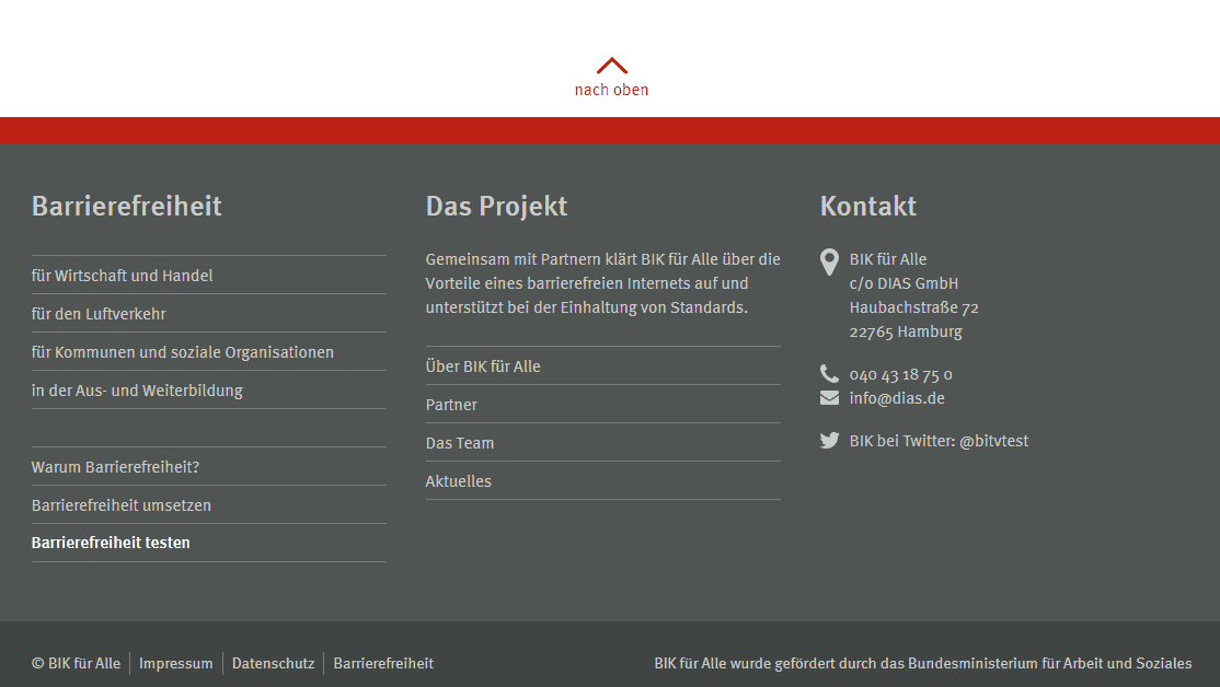 Screenshot des Footer-Bereichs der Website www.bik-fuer-alle.de, in dem sich weitere Navigationsmenüs befinden.