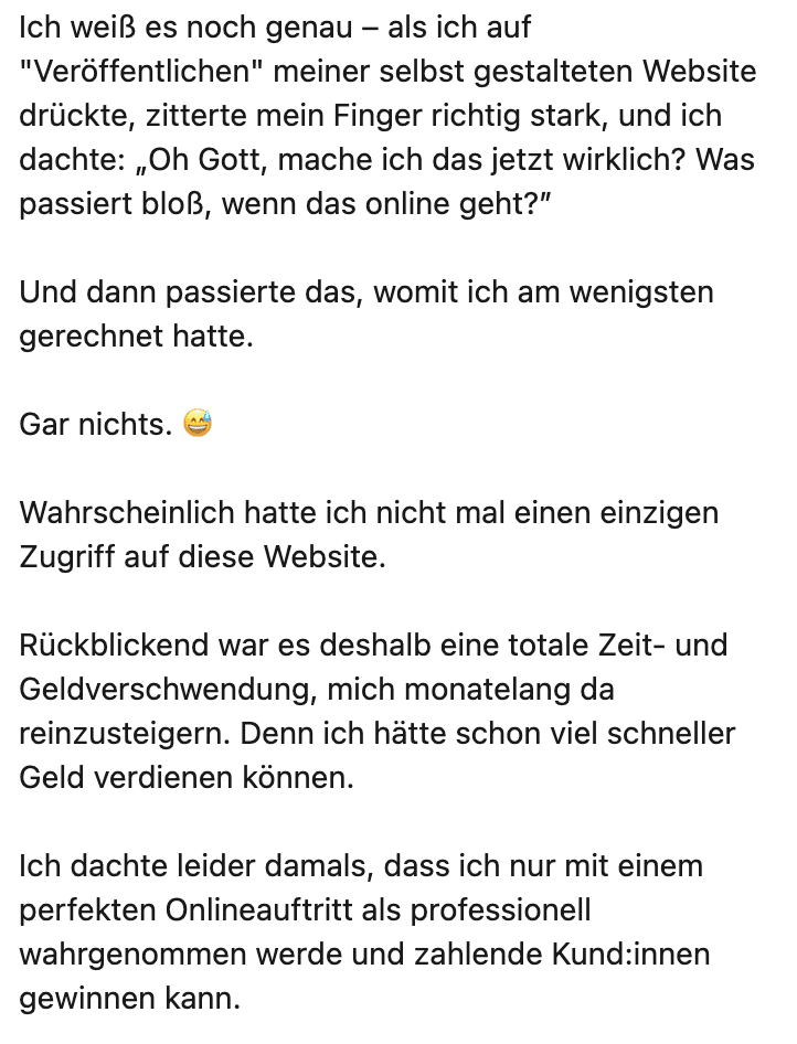 Tanja Lenke berichtet, dass es rückblickend Zeit- und Geldverschwendung war, monatelang wegen der Website zu zögern.