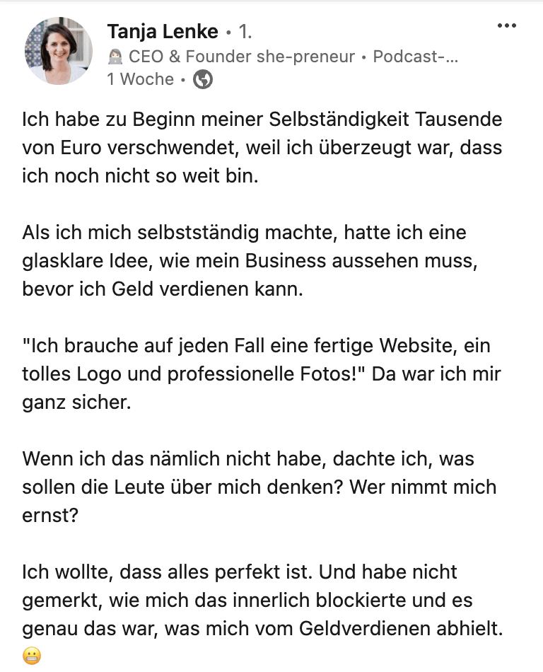 Tanja Lenke erzählt, wie sie Sorge hatte, ohne eine professionelle Website mit Logo, tollen Fotos usw. nicht ernst genommen zu werden.