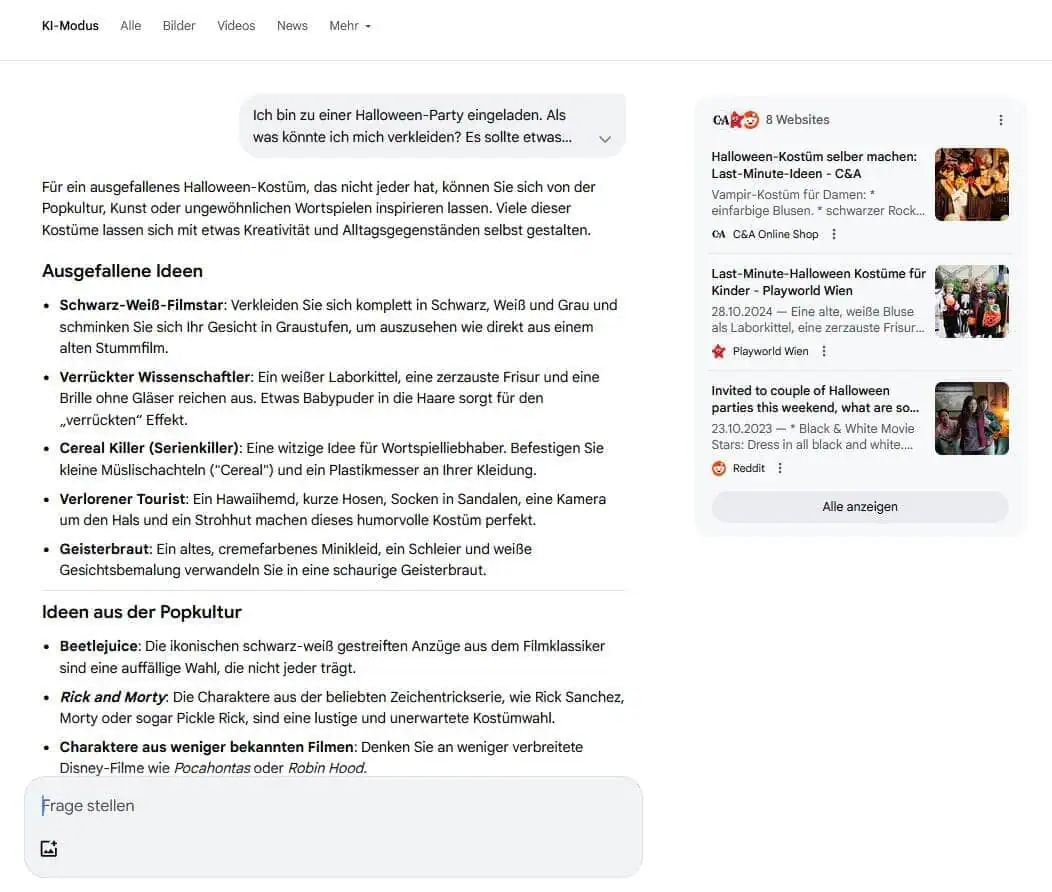 Beispiel für eine auf Informationen ausgerichtete Frage im Google AI Mode.