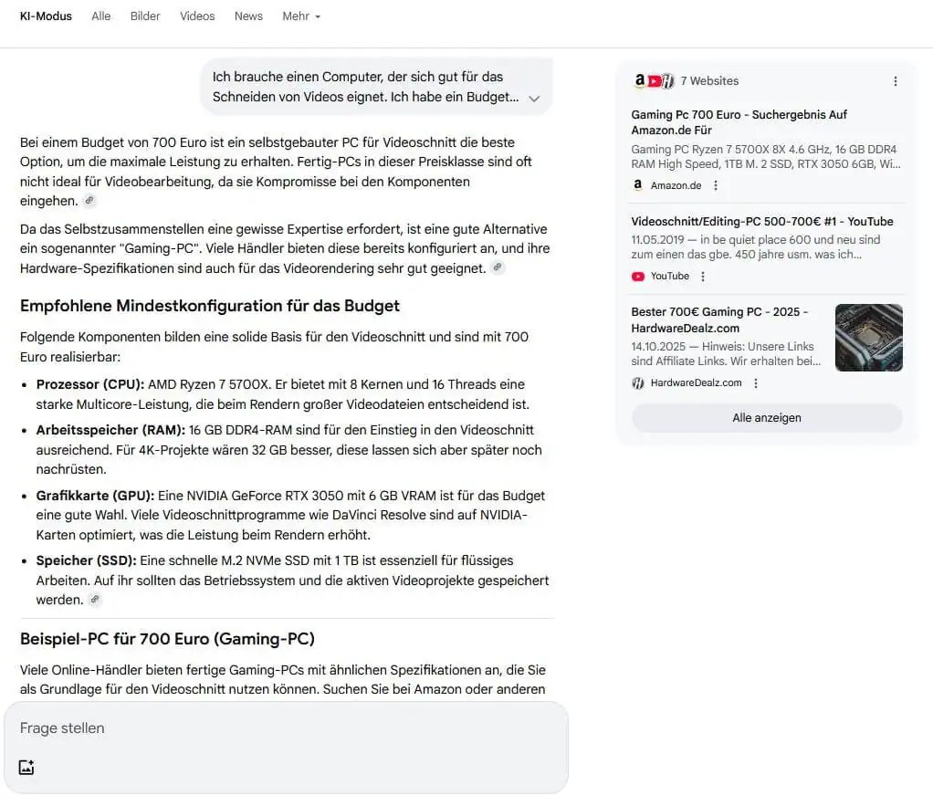 Beispiel für eine auf ein Angebot ausgerichtete Frage im Google AI Mode.