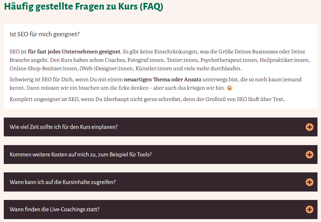 Screenshot: Beispiel für FAQs auf der Website von Jane