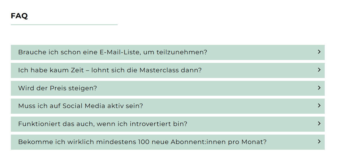 Screenshot: Beispiel für FAQs auf der Website von Linda