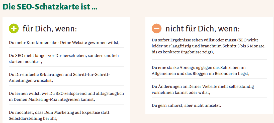 Screenshot: Beispiel: Einordnung, für wen der Kurs (die SEO-Schatzkarte) geeignet ist