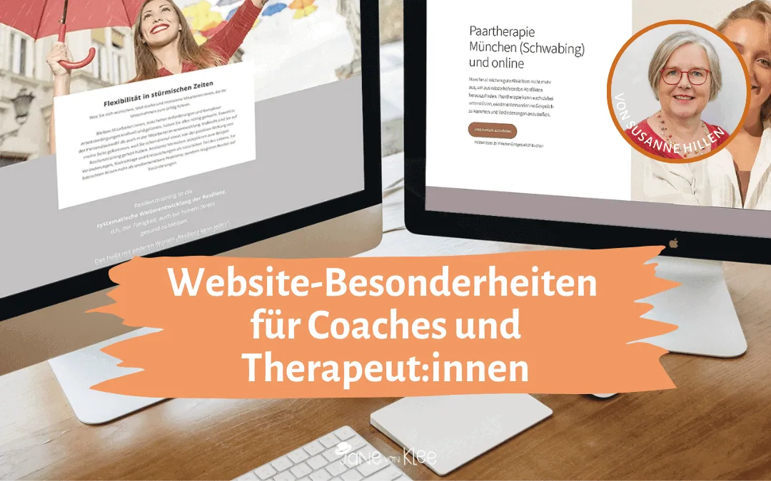 Zwei Monitore, darauf ist jeweils eine Website zu sehen. Aufschrift: "Beitragsbild: Besonderheiten für Websites von Therapeut:innen und Coaches"